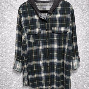 Plaid Hooded Shirt in Green and Blue